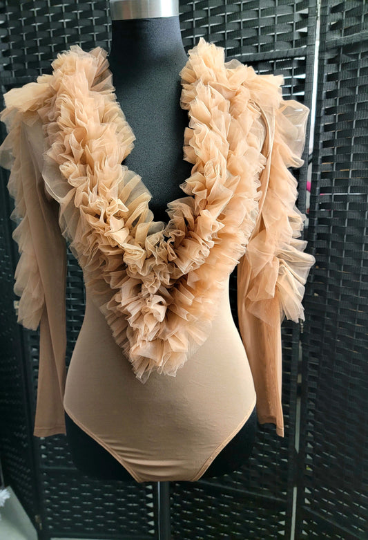 Mesh It Up | Mesh Ruffle Bodysuit | Beige